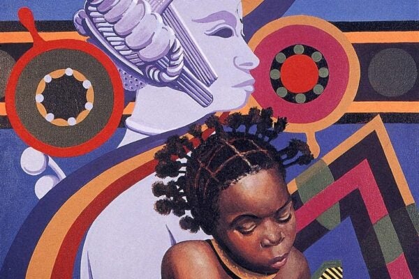 A vibrant 1982 painting by Lois Mailou Jones titled Two African Hairstyles. The artwork features a young girl with a traditional African hairstyle, her head slightly bowed. Behind her is a stylized profile of an African mask or figure in white, adorned with intricate patterns. The background is a rich tapestry of bold geometric shapes and bright colors, including orange, red, green, and black, evoking African cultural motifs and heritage. The composition emphasizes the beauty and cultural significance of African hairstyles and artistry.