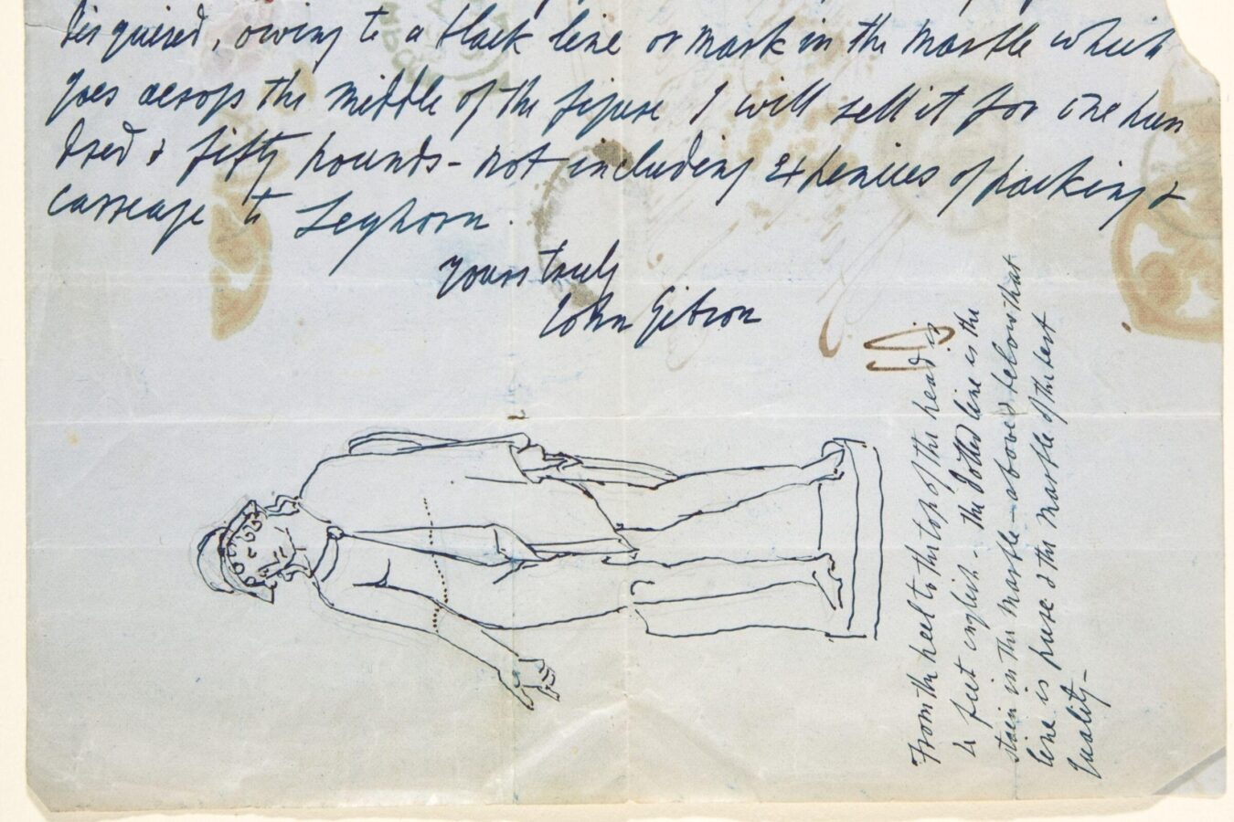 Detail of handwritten letter from sculptor John Gibson dated January 9, 1850, discussing statue prices and including a sketch of a standing male figure.
