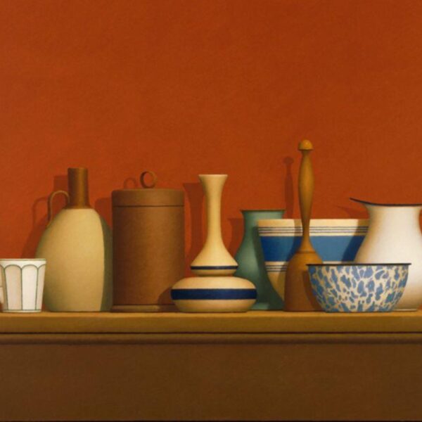 Still life of assorted ceramic and metal vessels arranged on a wooden shelf against a warm orange background, including cups, bowls, jugs, and vases in muted earth tones and blues.