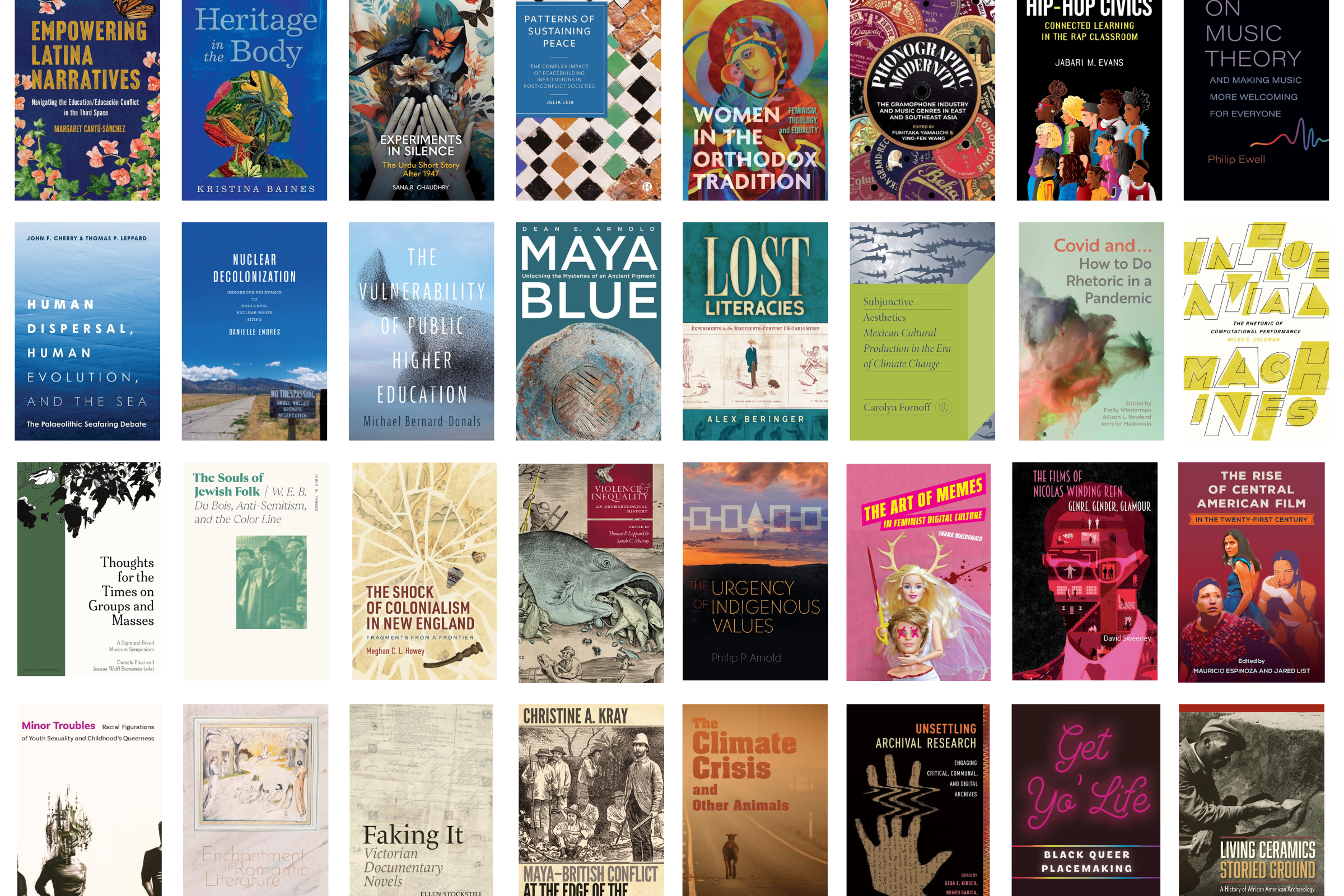 Grid of diverse academic book covers featuring topics in history, culture, gender studies, race, art, climate, literature, and social sciences.