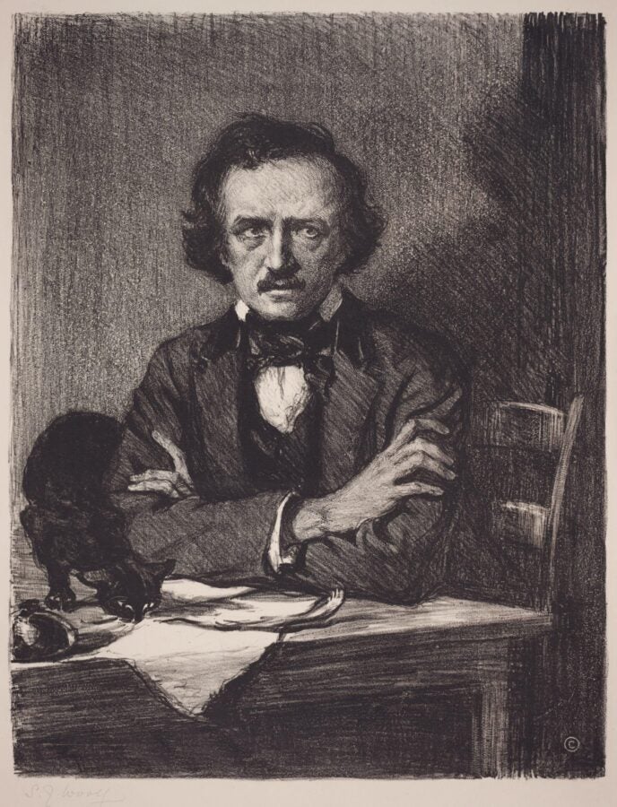 A black-and-white lithograph portrait of a man seated at a table with his arms crossed, wearing a suit and bow tie, with a small black cat beside him; the background is shaded and somber.