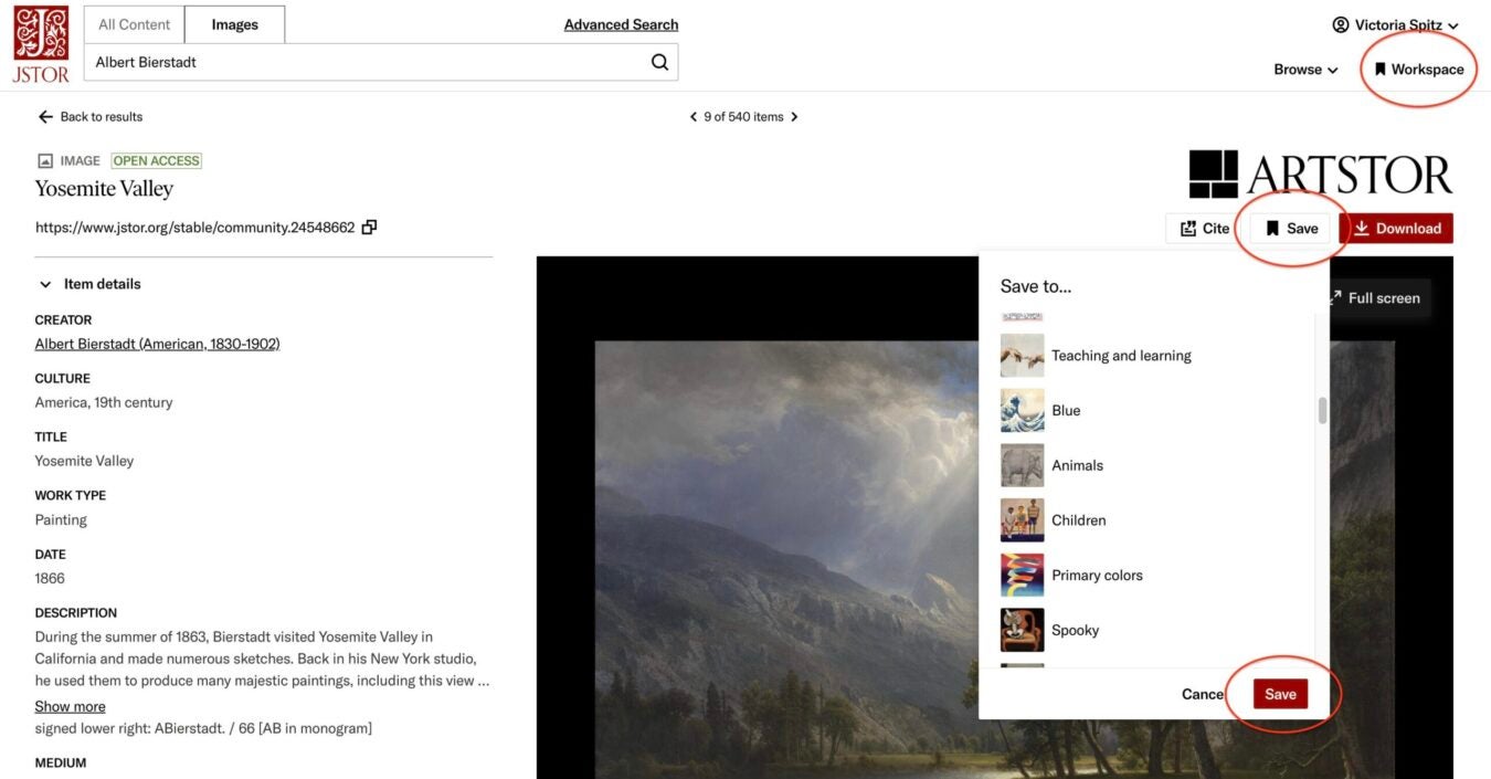 A JSTOR Artstor page showing the “Save to…” menu open beside Bierstadt’s “Yosemite Valley,” with red circles marking the Workspace link, Save button, and Save confirmation button.