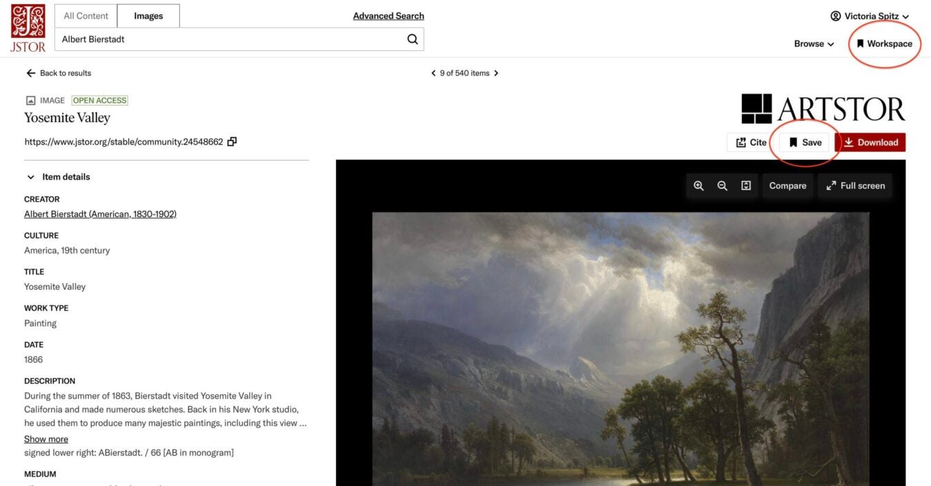 A JSTOR Artstor item page for Albert Bierstadt’s painting “Yosemite Valley,” with red circles emphasizing the Workspace link in the navigation bar and the Save button near the artwork.