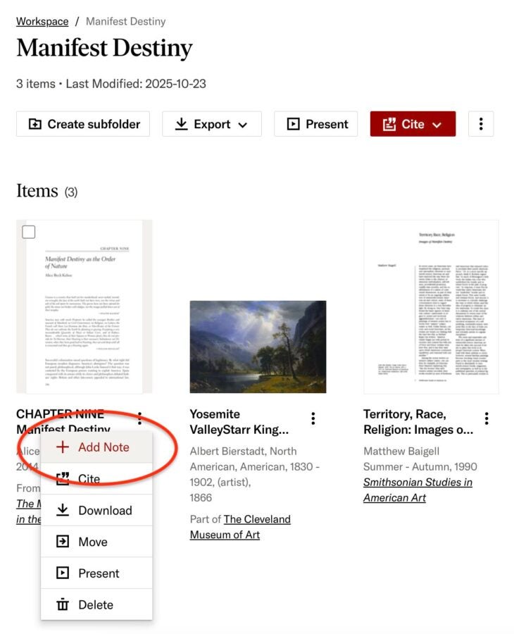 A JSTOR Workspace folder titled “Manifest Destiny” showing three saved items. A dropdown menu is open next to the first item, with the “Add Note” option highlighted in red.