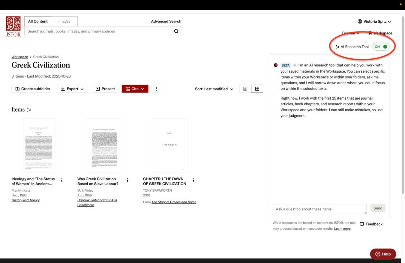 A JSTOR Workspace folder titled “Greek Civilization” showing three saved items. The AI Research Tool is toggled on, displaying an introduction message explaining how it assists with research.
