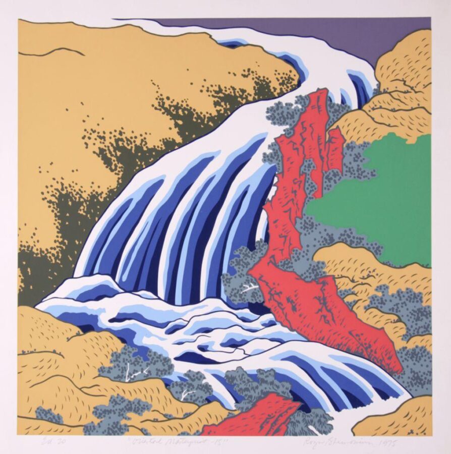 A stylized landscape print depicting a cascading waterfall with blue and white water against red rocks and golden hills in bold, flat colors.