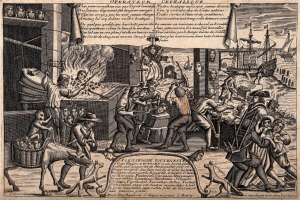 A satirical 17th-century French engraving depicting women’s heads being reforged in a seaside workshop as a supposed cure for madness. Men hammer, heat, and reshape women’s heads while ships and gallows appear in the distance; two dogs labeled “la finesse” look on. The print references the ‘Lustucru’ satires mocking women’s intellect and emerging feminism in Parisian salons.
