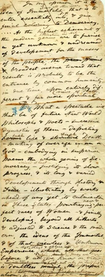 Handwritten manuscript page by Walt Whitman with cursive text discussing democracy and literature.