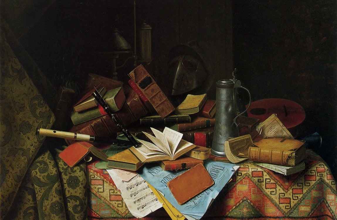 Still life painting of stacked books, sheet music, and instruments on a patterned tablecloth.