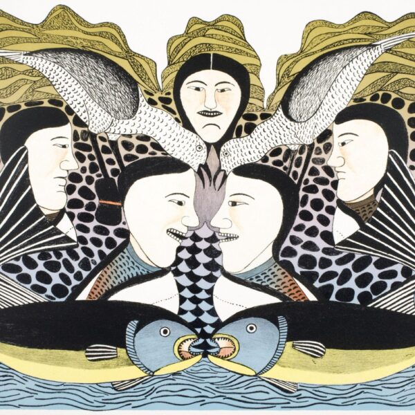 A colorful print showing stylized human figures, birds, and fish arranged symmetrically. Four human faces in patterned clothing frame two central figures who smile at each other. Above them, two birds extend their wings, and below, two large fish face one another with open mouths. The background features organic shapes and flowing lines in black, yellow, blue, and gold tones.