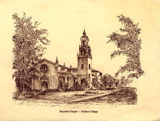Sepia-tone drawing of Knowles Memorial Chapel at Rollins College, showing its bell tower and arched façade.