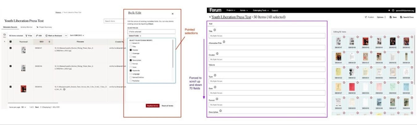 Side-by-side comparison of bulk-edit workflow: item list with checkboxes, a “Bulk Edit” field-selection pop-up, and a full edit form with a grid of selected thumbnails, calling out heavy scrolling.