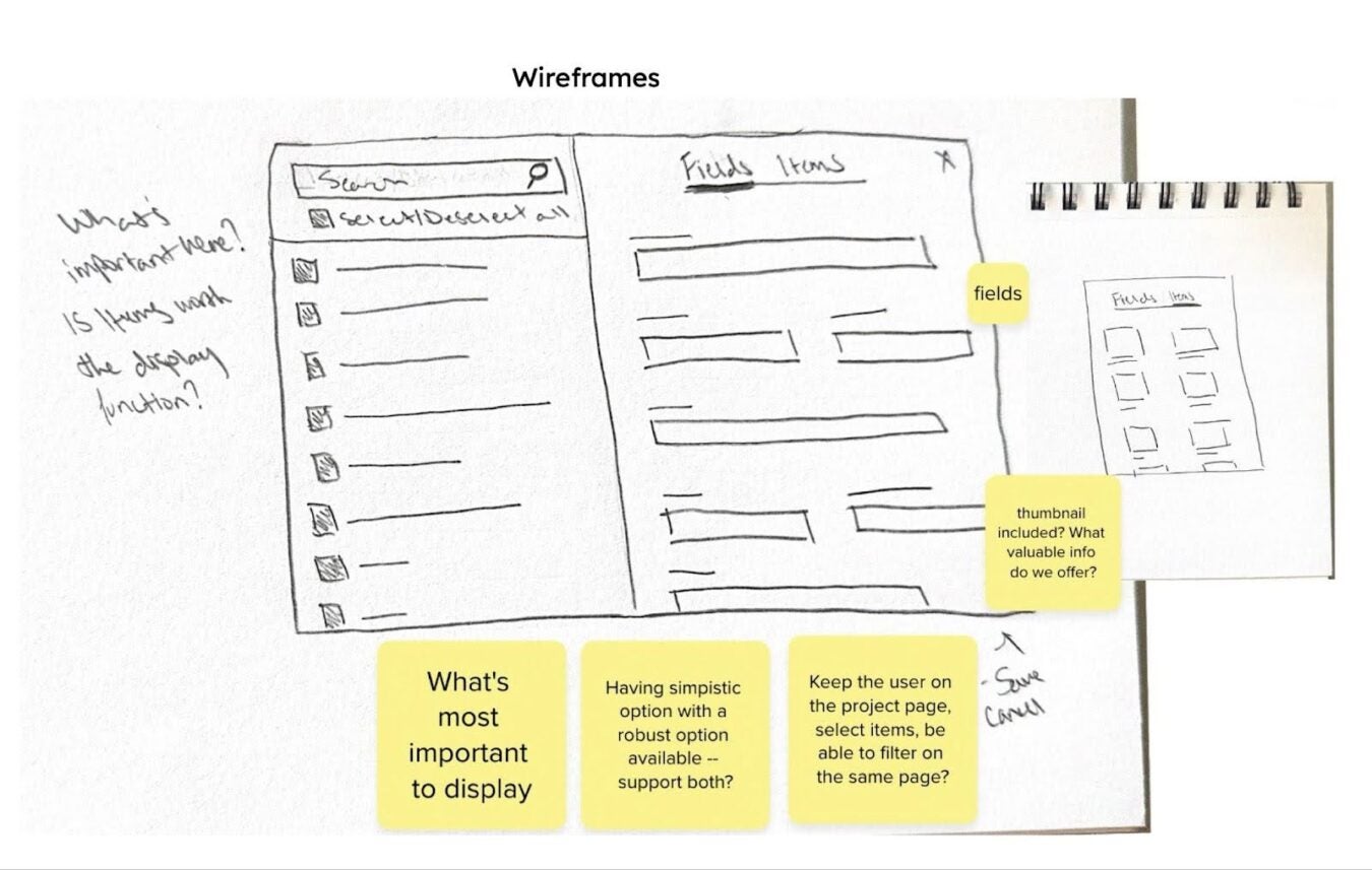 Hand-drawn wireframe of a bulk-edit UI with a searchable field list, an edit panel, and an item-thumbnail panel, plus sticky-note prompts about what to display and keeping users on one page.