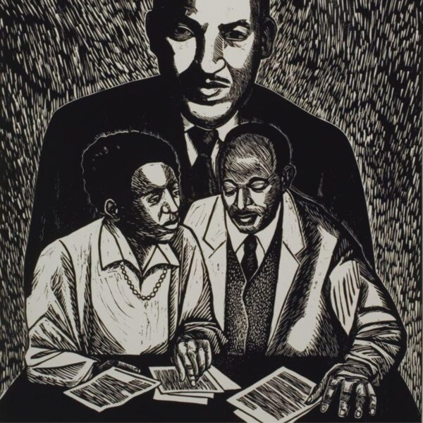 Black-and-white print showing Thurgood Marshall standing behind two seated people reviewing documents, symbolizing civil rights advocacy.