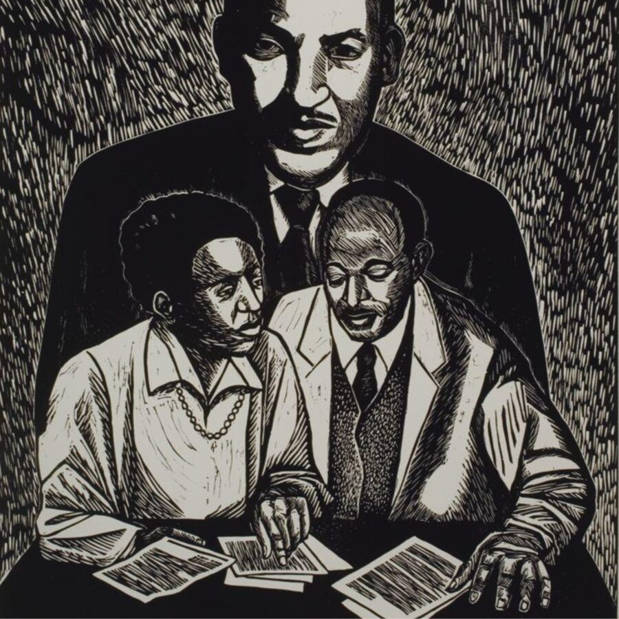 Black-and-white print showing Thurgood Marshall standing behind two seated people reviewing documents, symbolizing civil rights advocacy.