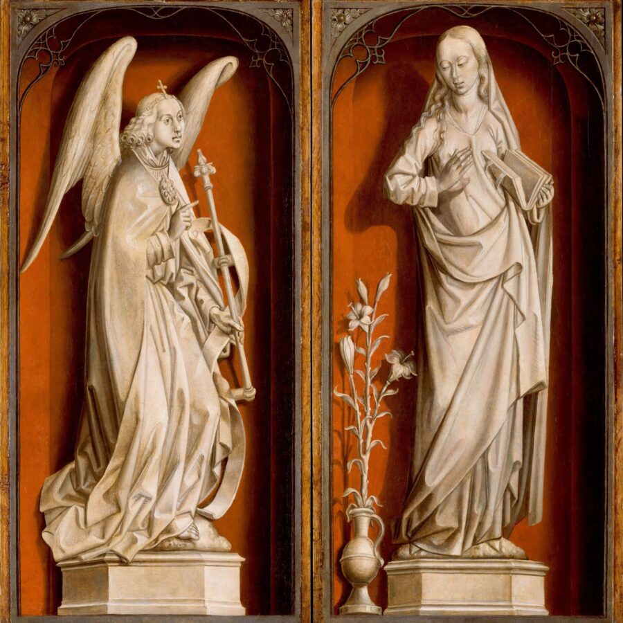 Two painted wooden panels depicting an angel and the Virgin Mary in white robes against a deep red background, symbolizing the Annunciation.