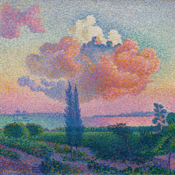 Pointillist painting of a pink and purple cloud over a green landscape with a river and trees, rendered in small, colorful brushstrokes.