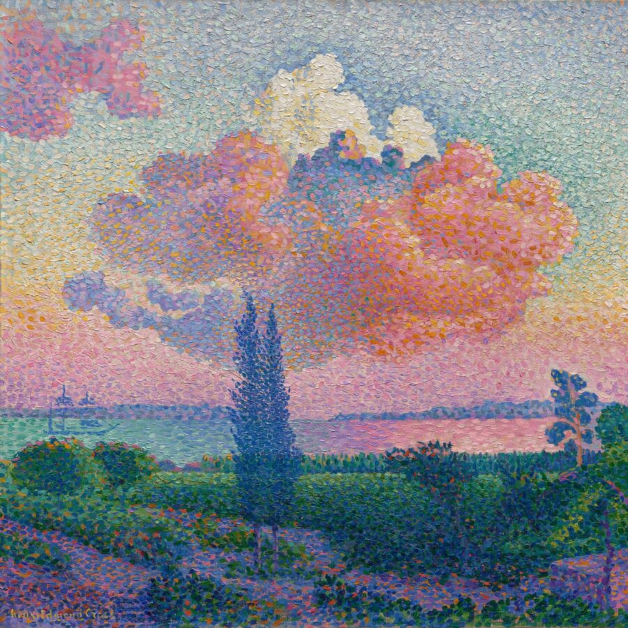 Pointillist painting of a pink and purple cloud over a green landscape with a river and trees, rendered in small, colorful brushstrokes.