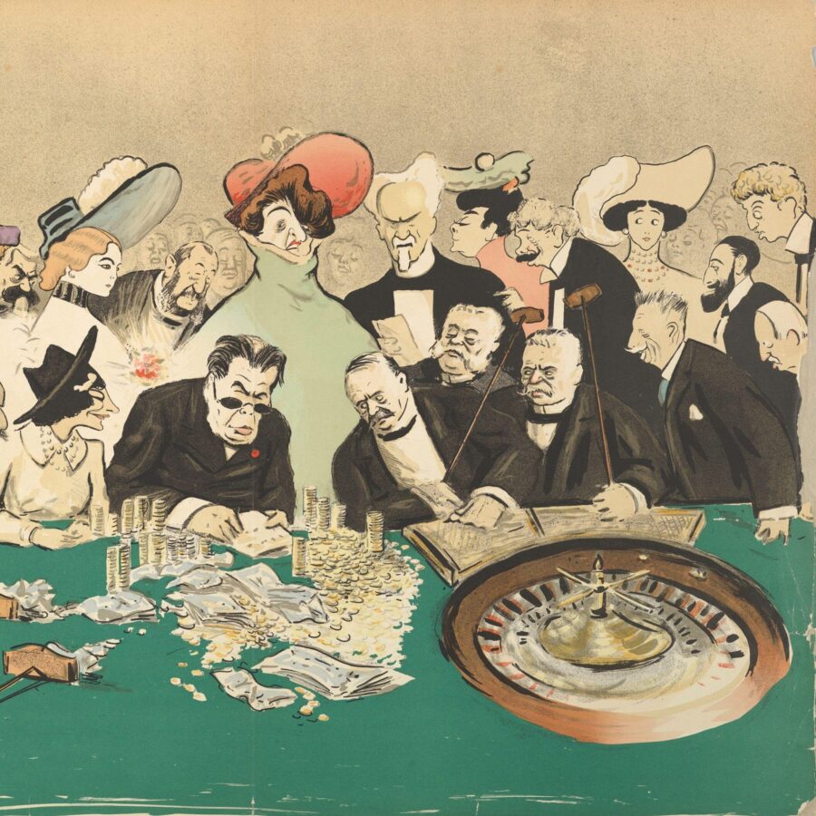Caricature illustration of elegantly dressed men and women crowded around a roulette table covered with coins and betting slips.