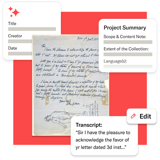 Collage showing a handwritten historical document with metadata fields and a transcript overlay, illustrating how JSTOR Seeklight uses AI to assist with transcription and metadata creation.