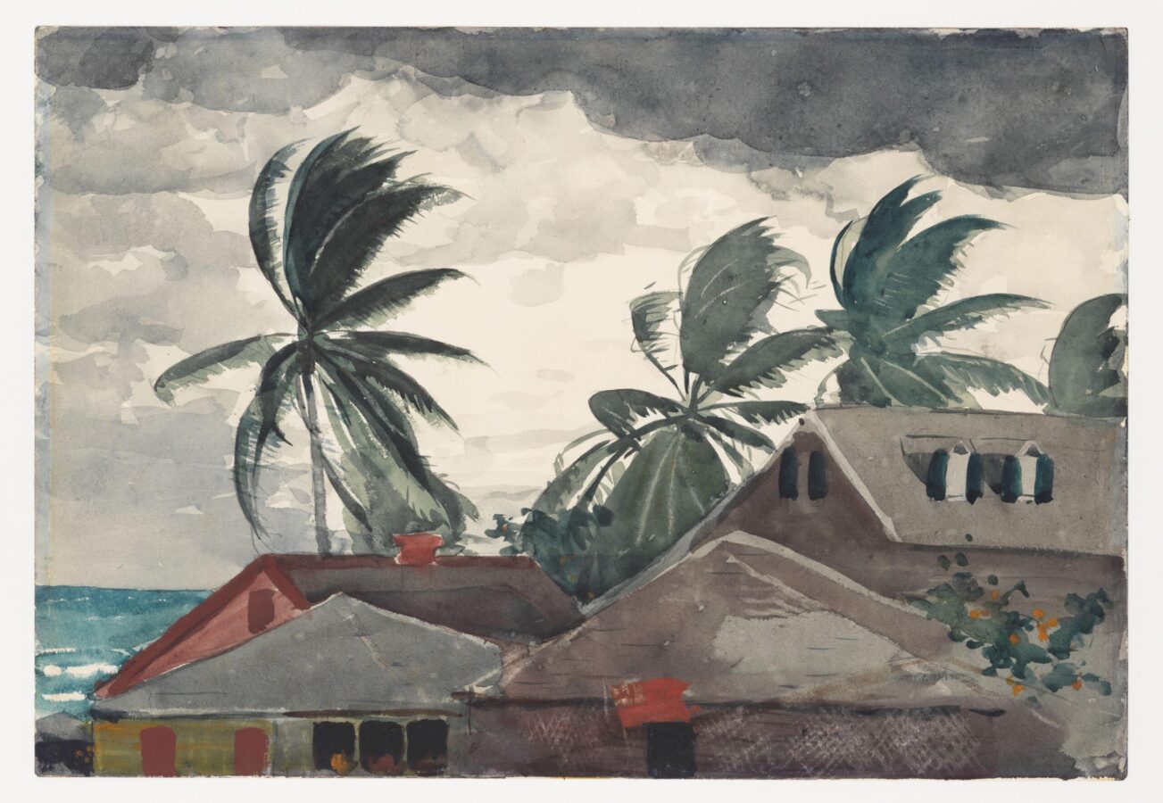 Watercolor painting of stormy skies and windswept palm trees above seaside rooftops, capturing the tension and atmosphere of an approaching hurricane.