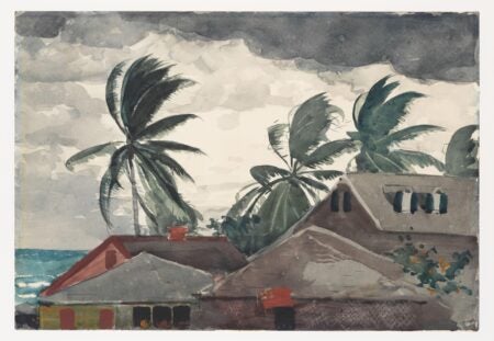 Watercolor painting of stormy skies and windswept palm trees above seaside rooftops, capturing the tension and atmosphere of an approaching hurricane.
