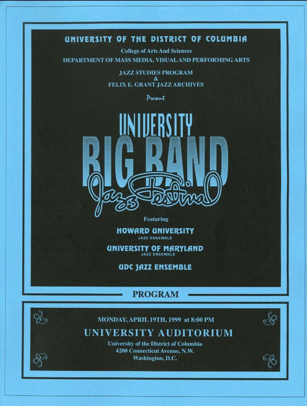 Blue-and-black program poster for the “University Big Band Jazz Festival” at the University of the District of Columbia, featuring Howard University, University of Maryland, and UDC jazz ensembles; date listed as Monday, April 19, 1999, 8:00 p.m., at the University Auditorium, 4200 Connecticut Avenue NW, Washington, D.C.