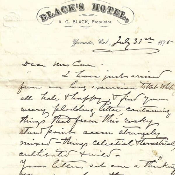 A handwritten letter dated July 31, 1875, on stationery from Black’s Hotel in Yosemite, California.