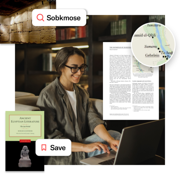 Collage showing a man researching on a laptop with digital overlays, including search results, magnified text, and JSTOR features labeled “Show related content” and “Save.”