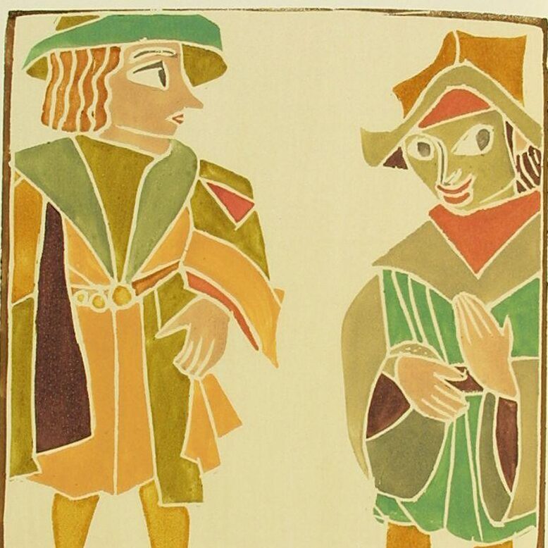 A vibrant illustration by André Derain, from 1943, titled "Plaideurs." The image features two stylized figures in medieval-inspired attire, engaging in a conversation. The figure on the left wears a green and orange outfit with a teal hat, while the figure on the right dons a green striped garment and a pointed hat, gesturing with their hands. The composition is framed with bold outlines and warm tones, creating a scene rich with narrative potential and playful abstraction.