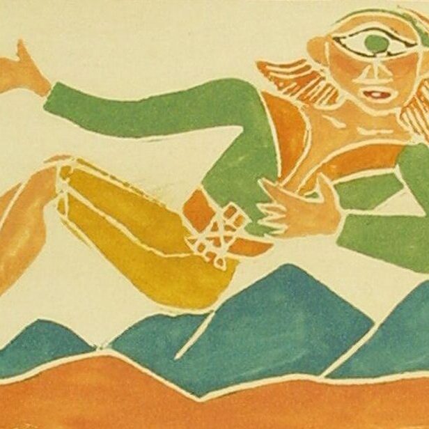 A colorful illustration by André Derain, from 1943, depicting a whimsical and stylized figure with a single eye at the center of their forehead, reclining against a backdrop of blue mountain shapes. The figure has bright orange hair, a green and yellow outfit, and expressive gestures, creating a playful and surreal atmosphere.