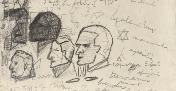 Pencil notebook page dense with scribbles: handwritten notes, numbers, small symbols, and multiple profile sketches of human heads.