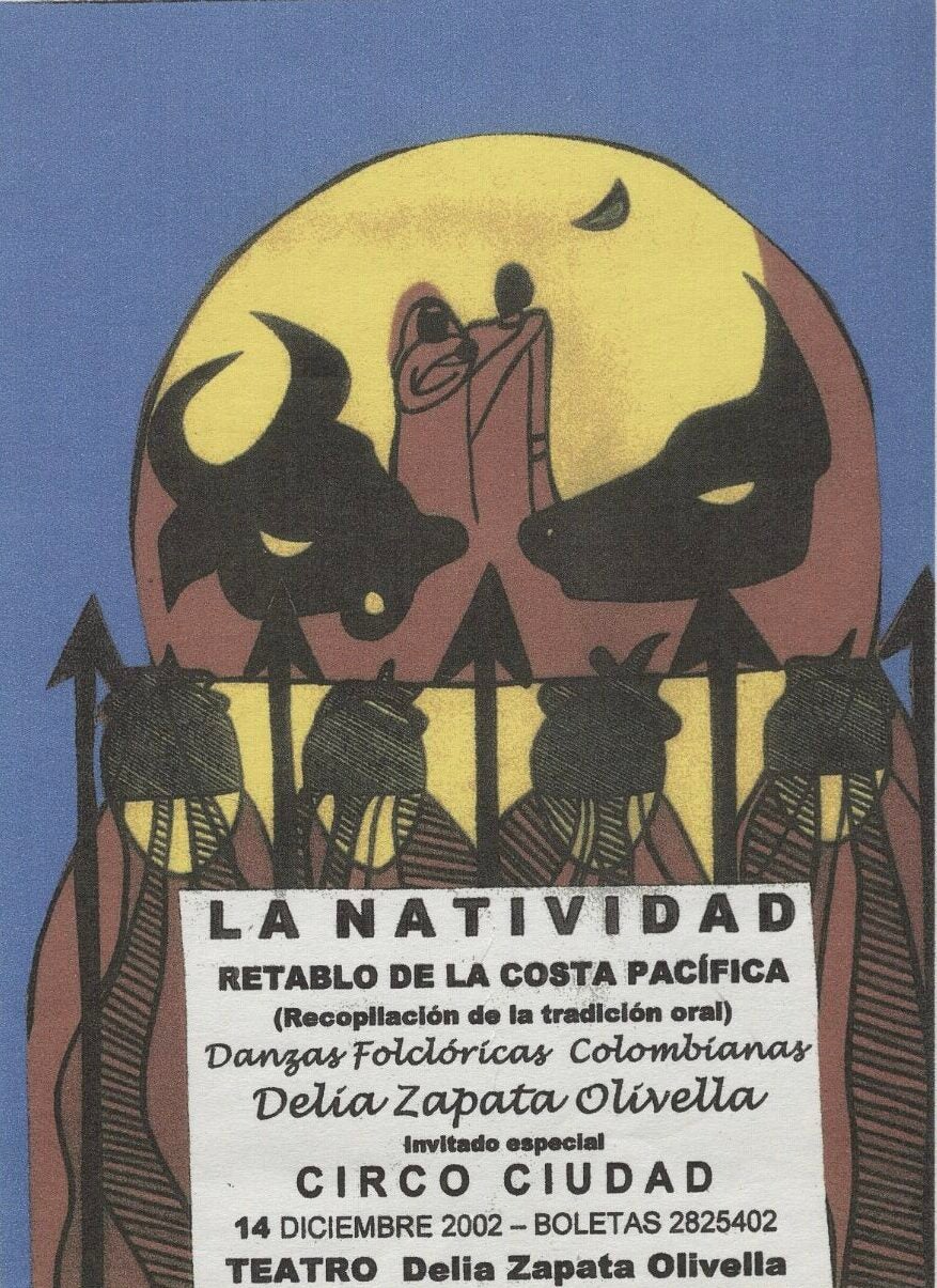Illustrated Spanish-language poster for “La Natividad”: a stylized nativity beneath a large yellow moon, flanked by oxen and silhouetted figures; event details below.