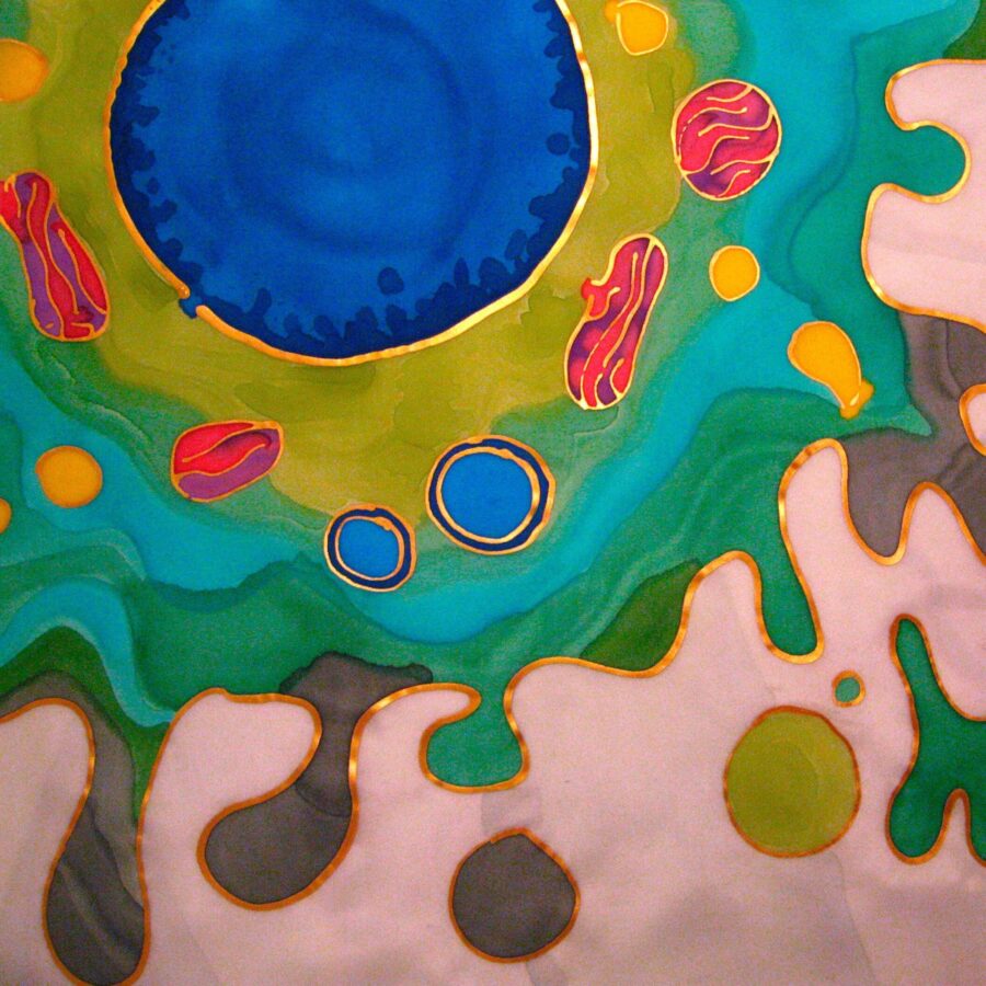 Abstract artwork resembling a colorful biological cell, with a blue circular center surrounded by green, yellow, and pink organic shapes outlined in gold.
