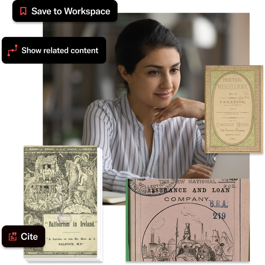 Person using a laptop, surrounded by digitized pamphlet covers and JSTOR interface elements labeled “Save to Workspace,” “Show related content,” and “Cite.”