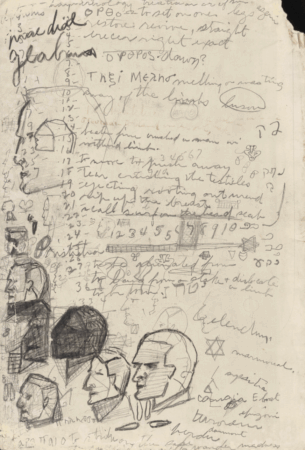 Pencil notebook page dense with scribbles: handwritten notes, numbers, small symbols, and multiple profile sketches of human heads.