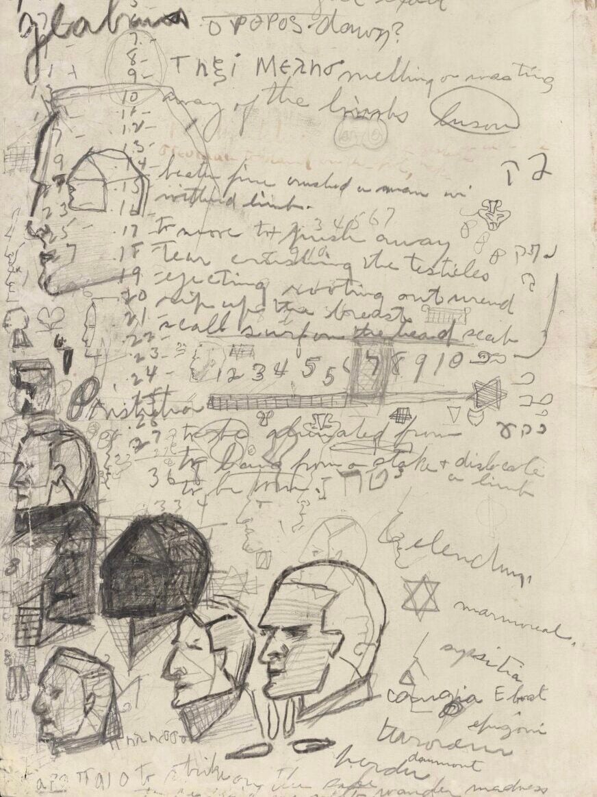 Pencil notebook page dense with scribbles: handwritten notes, numbers, small symbols, and multiple profile sketches of human heads.
Pencil notebook page dense with scribbles: handwritten notes, numbers, small symbols, and multiple profile sketches of human heads.
