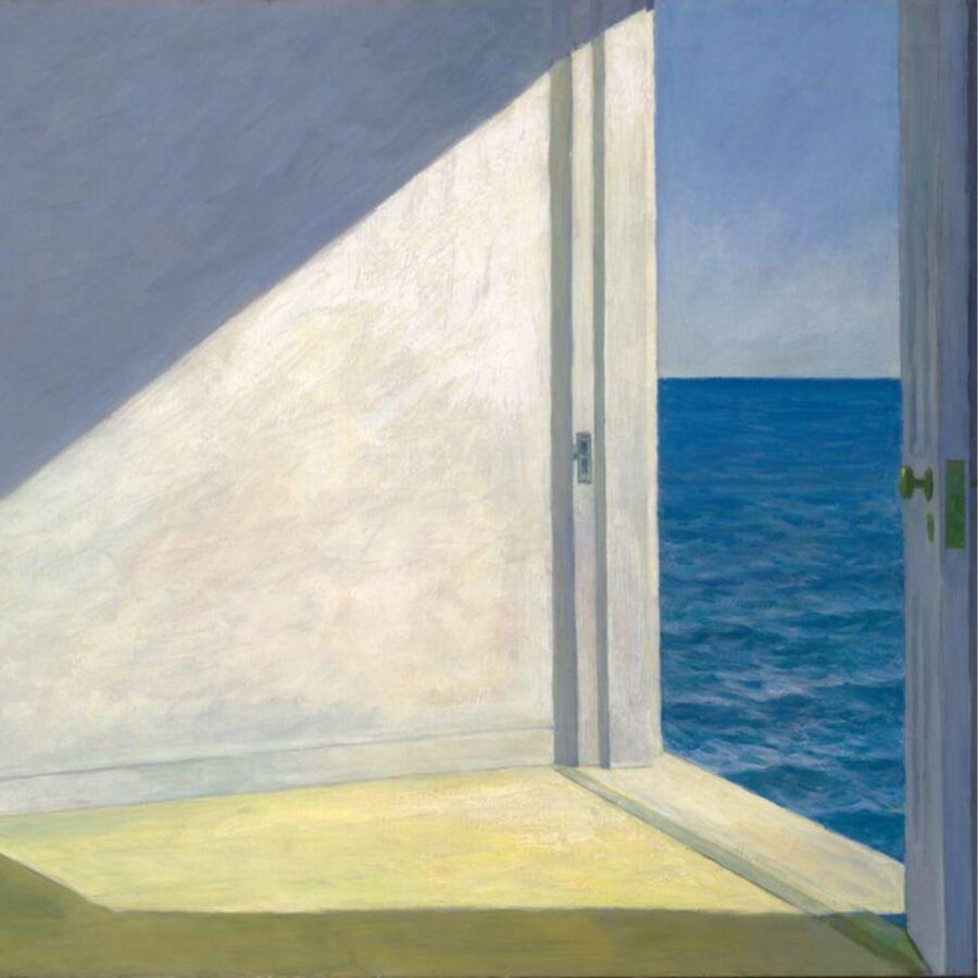 A painting by Edward Hopper titled Rooms by the Sea (1951), depicting sunlight streaming into a sparsely furnished room through an open door that leads directly to the ocean, blending interior calm with the vast blue seascape outside.