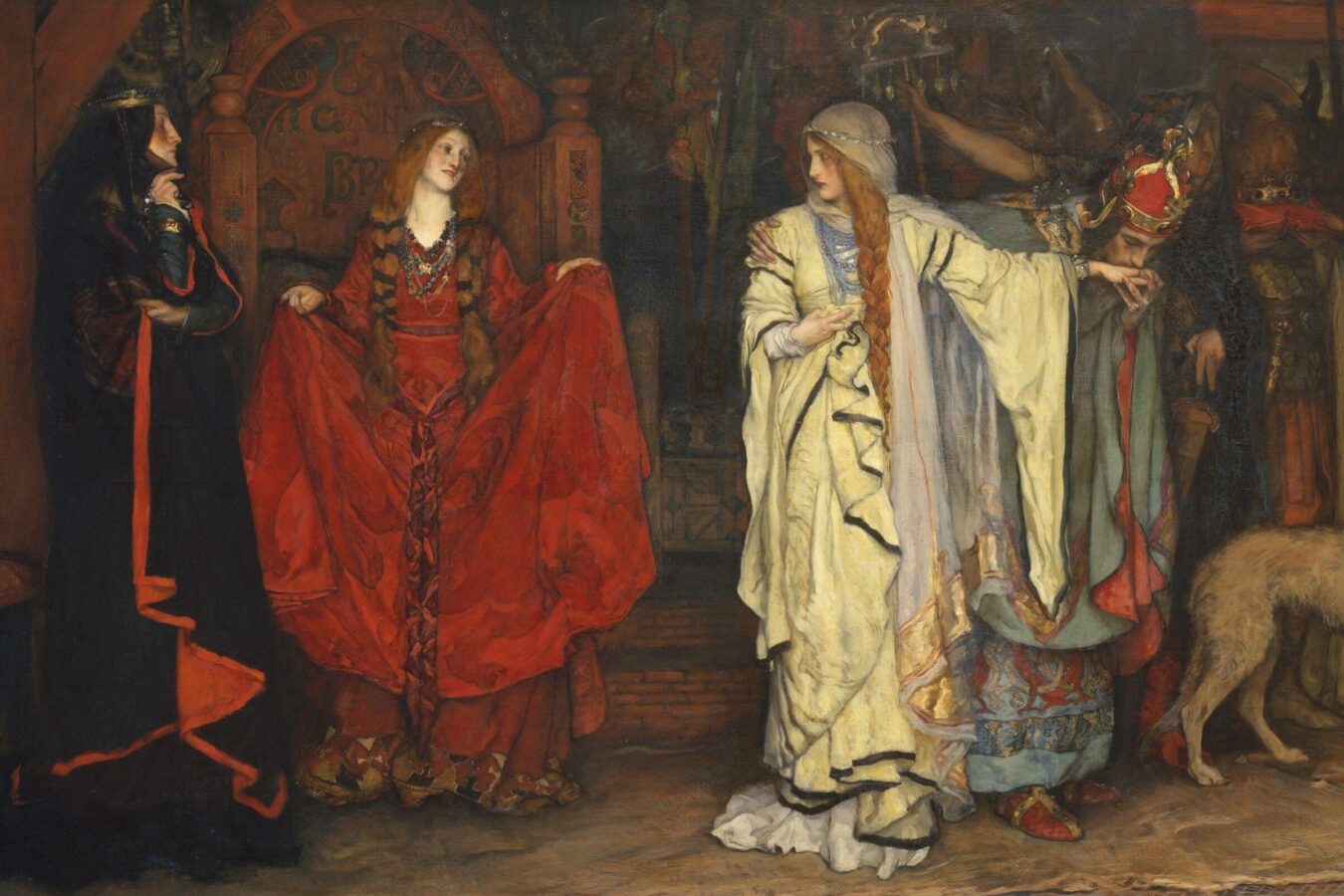 Historical painting showing three women in elaborate gowns and a group of men in armor, with one man bowing and a dog standing beside them.