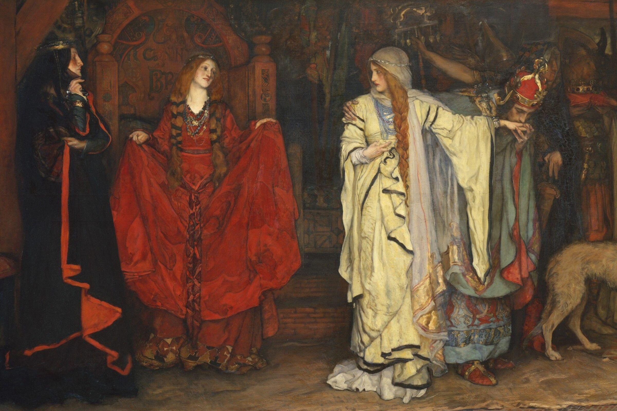 Historical painting showing three women in elaborate gowns and a group of men in armor, with one man bowing and a dog standing beside them.