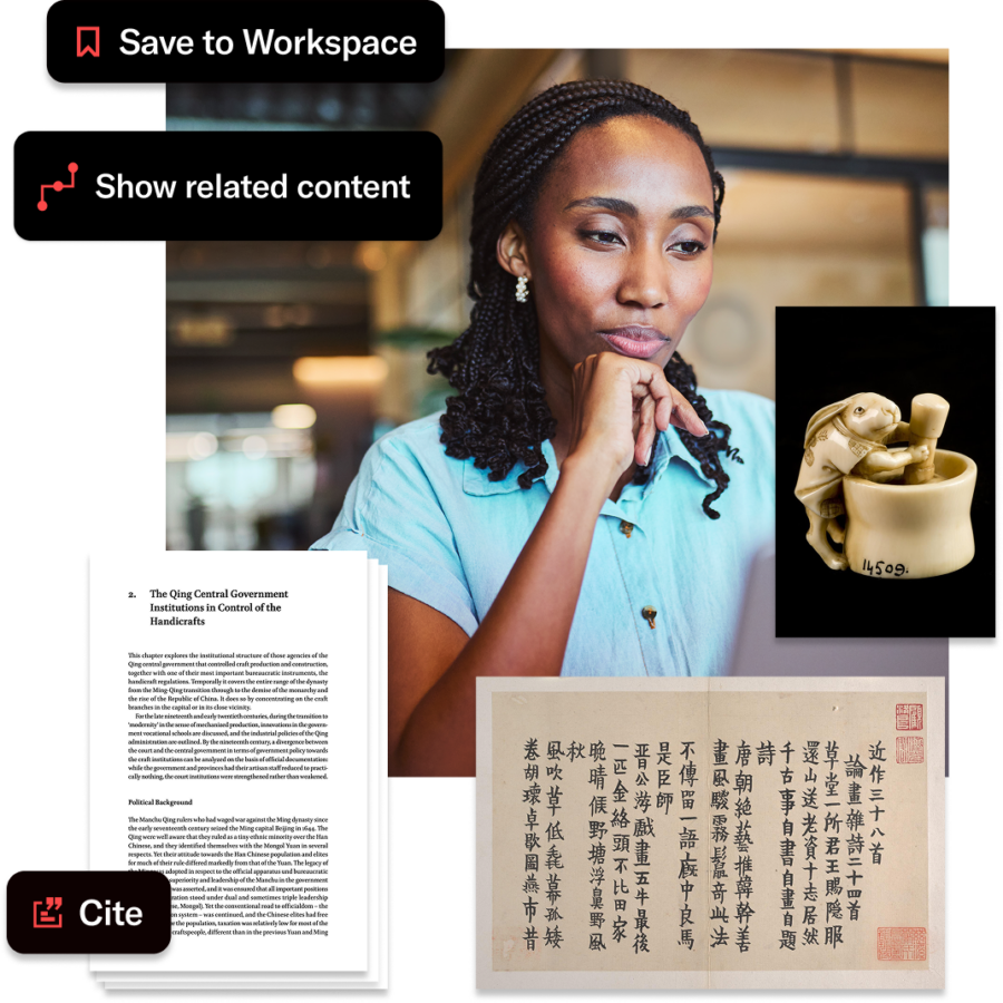 Woman sitting at a desk looking thoughtfully at a computer screen, surrounded by academic materials and JSTOR interface elements labeled “Save to Workspace,” “Show related content,” and “Cite.”