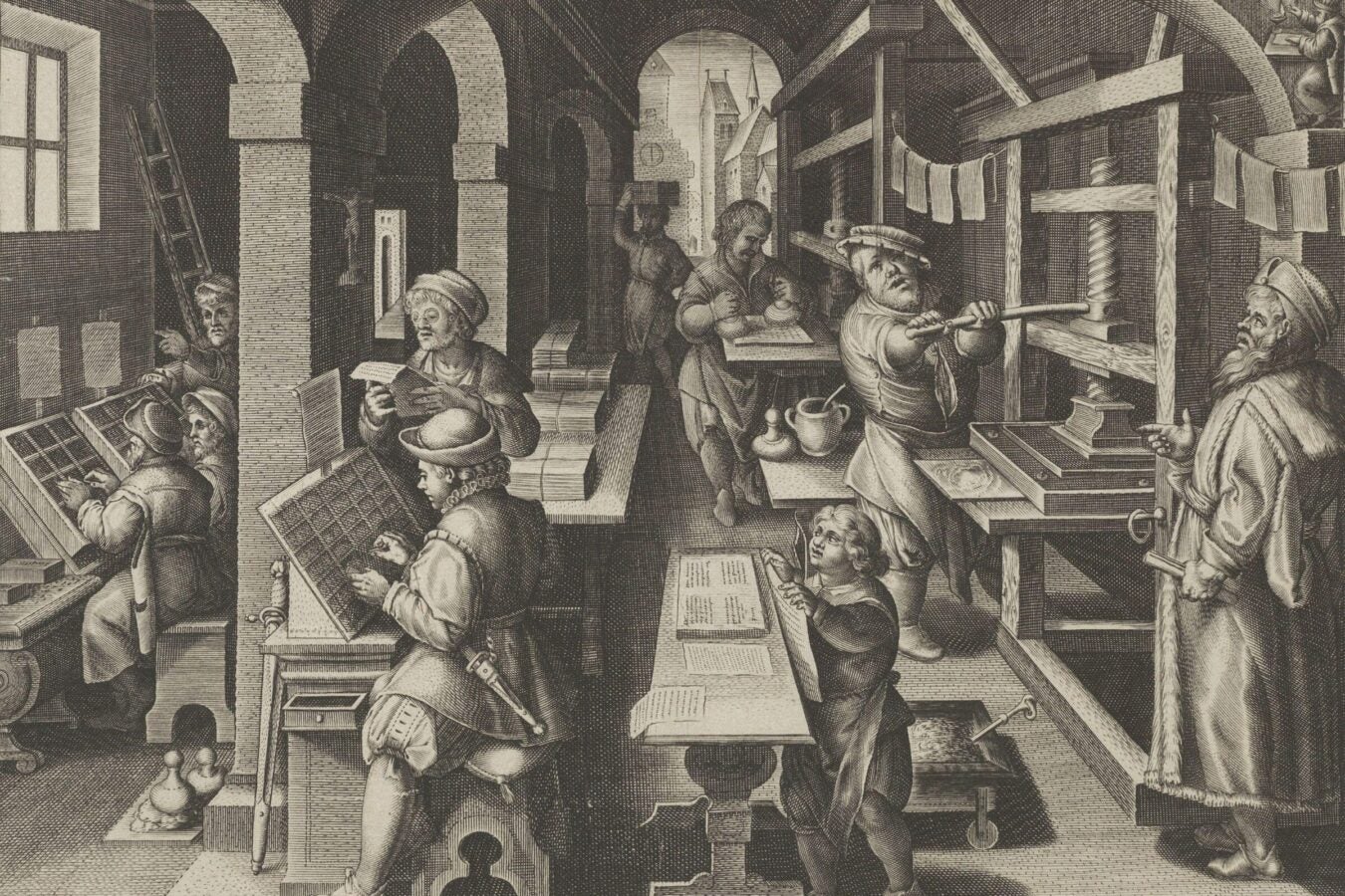A 17th-century engraving depicting a bustling print shop where workers set type, ink presses, and inspect printed pages, illustrating the bookmaking process in early modern Europe.
