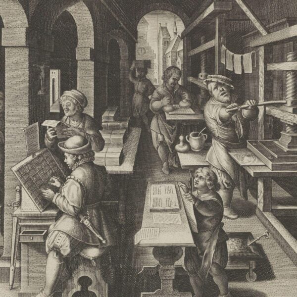 A 17th-century engraving depicting a bustling print shop where workers set type, ink presses, and inspect printed pages, illustrating the bookmaking process in early modern Europe.