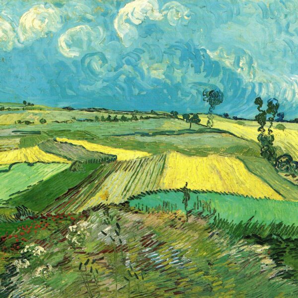 A Vincent van Gogh painting of a sunlit landscape near Auvers, with rolling green and yellow fields under a vivid blue sky filled with swirling white clouds.