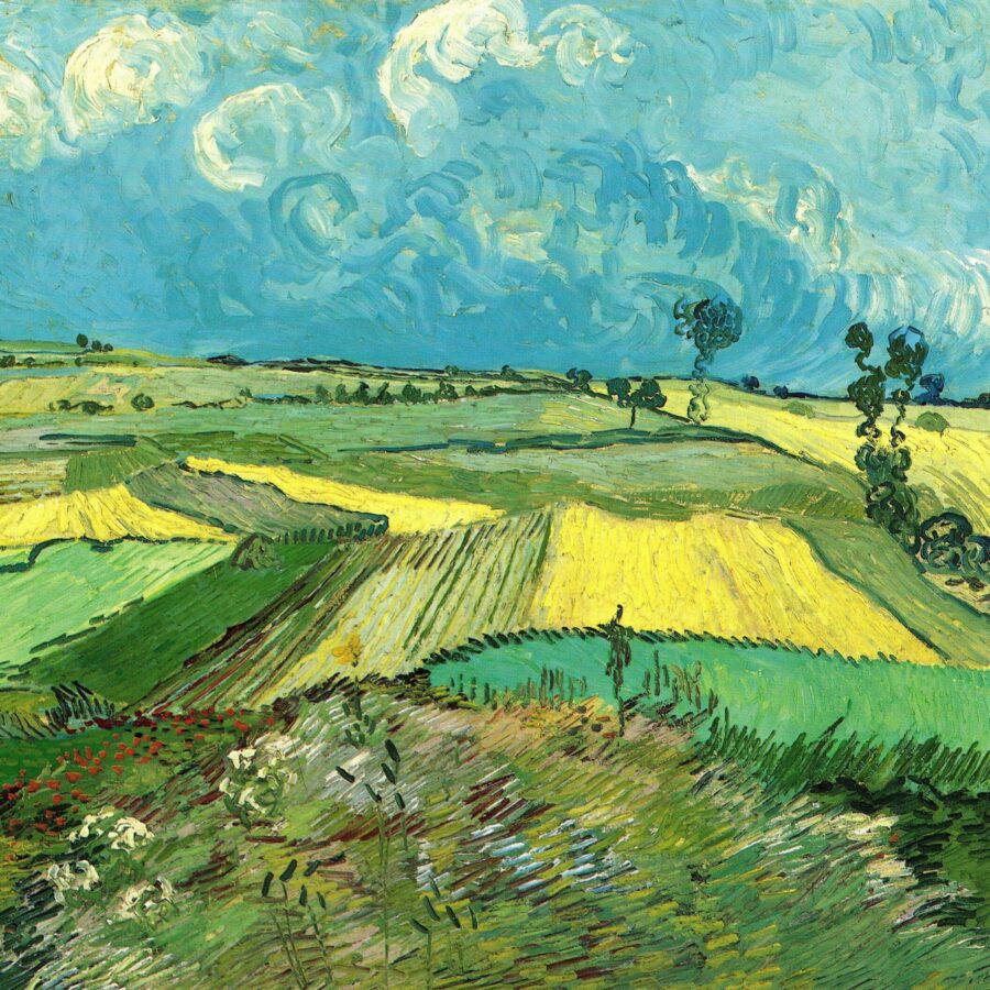A Vincent van Gogh painting of a sunlit landscape near Auvers, with rolling green and yellow fields under a vivid blue sky filled with swirling white clouds.