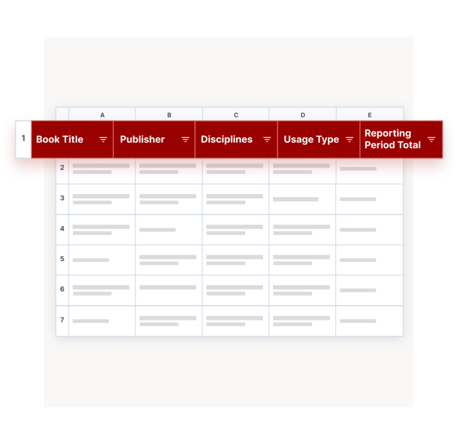 Mockup of an excel table showing ebook usage data. Includes the following columns: Book Title, Publisher, Disciplines, Usage Type, Reporting Period Total