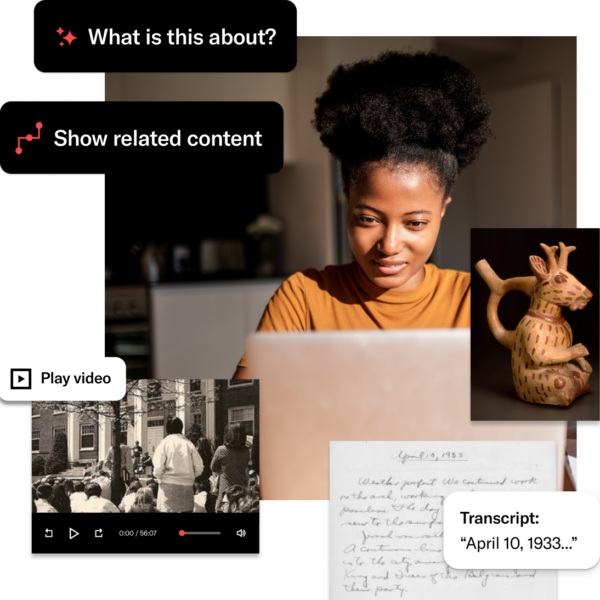 Student using a laptop surrounded by historical images, video stills, and text fragments with on-screen prompts for related content and transcripts.