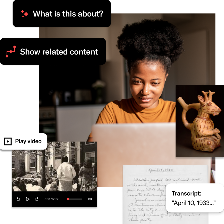 Student using a laptop surrounded by historical images, video stills, and text fragments with on-screen prompts for related content and transcripts.