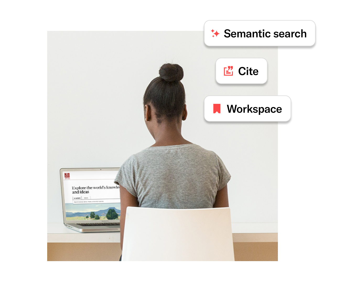 Student using a laptop with icons for Semantic Search, Cite, and Workspace displayed on the screen.