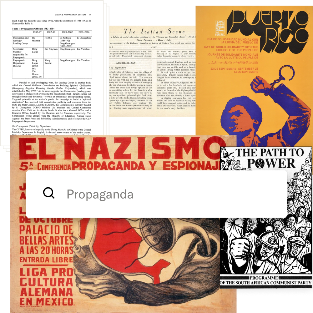 Collage of historical documents and political posters from various countries, including anti-Nazi and Puerto Rican independence imagery, with a search bar overlay containing the word ‘Propaganda.’
